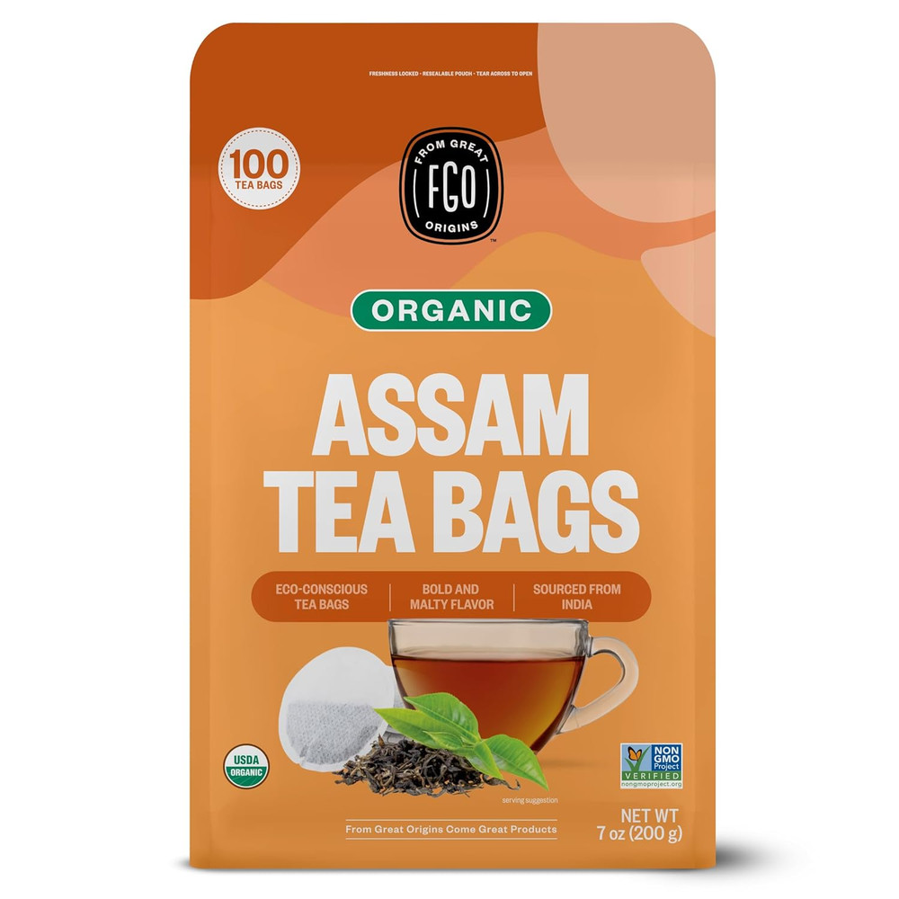 Organic Assam Tea, 100 Count, Eco-Conscious Black Tea Bags, Resealable Bag, Pack