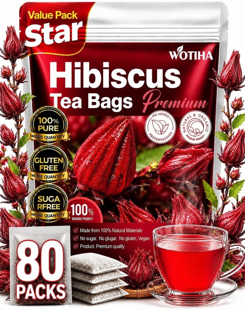 Premium 80 Hibiscus Flowers Tea Bags, 100% Natural, Handmade & Pure from Hibi
