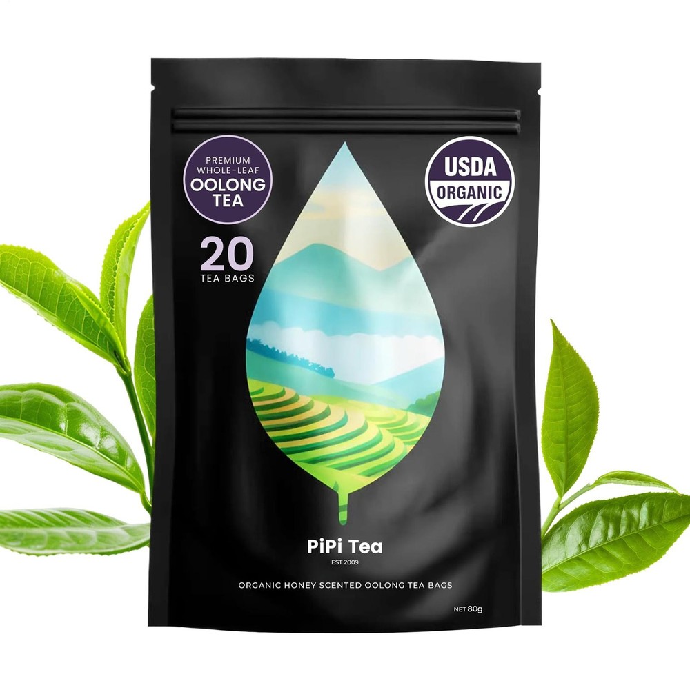 PiPi Tea Organic Oolong Tea Bags – Whole Leaf, 20 Bags (4g Each) – Cortisol & Ca