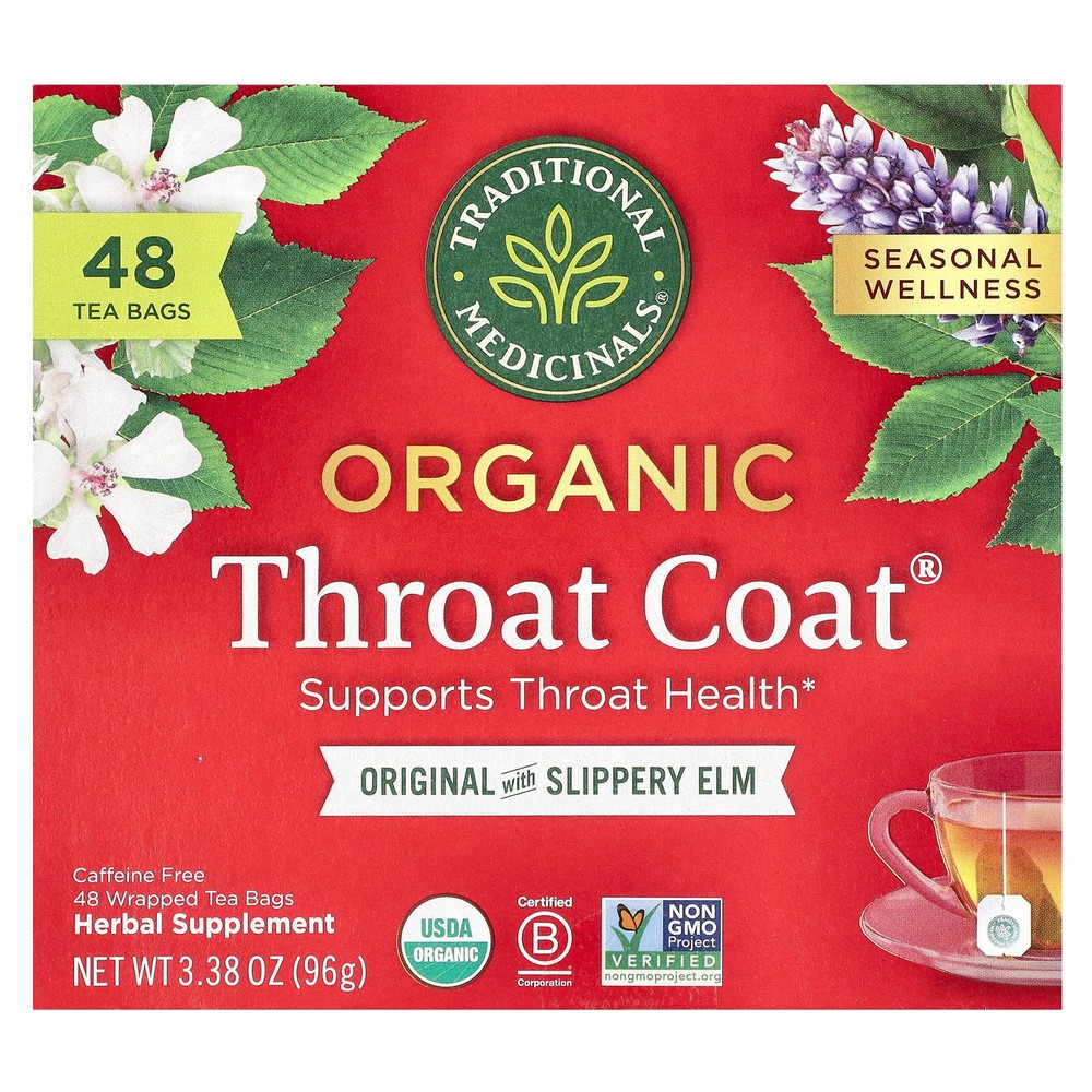 Organic Throat Coat®, Original with Slippery Elm, Caffeine Free, 48 Wrapped Tea