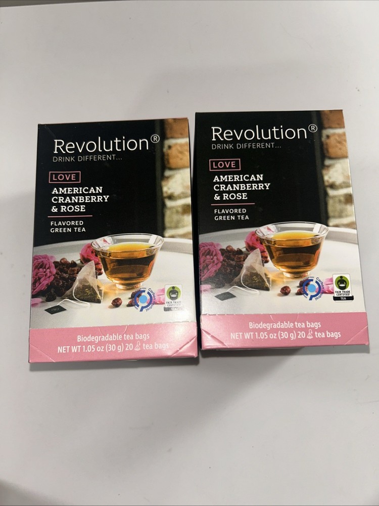 2 X Revolution Tea American Cranberry & Rose Green Tea 20 Bags Each NEW!