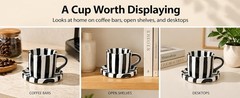 Black and White Striped Tea Cup and Saucer Set of 2, 8 oz Ceramic Coffee Mugs
