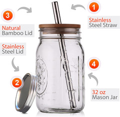 Reusable Boba Bubble Tea & Smoothie Cups – 2 Glass Wide Mouth 32 Oz Mason Jars w