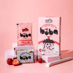 Yulu Foods Instant Boba Strawberry Milk Tea, Bubble Tea Kit, 3 Drinks