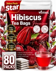 Premium 80 Hibiscus Flowers Tea Bags, 100% Natural, Handmade & Pure from Hibi