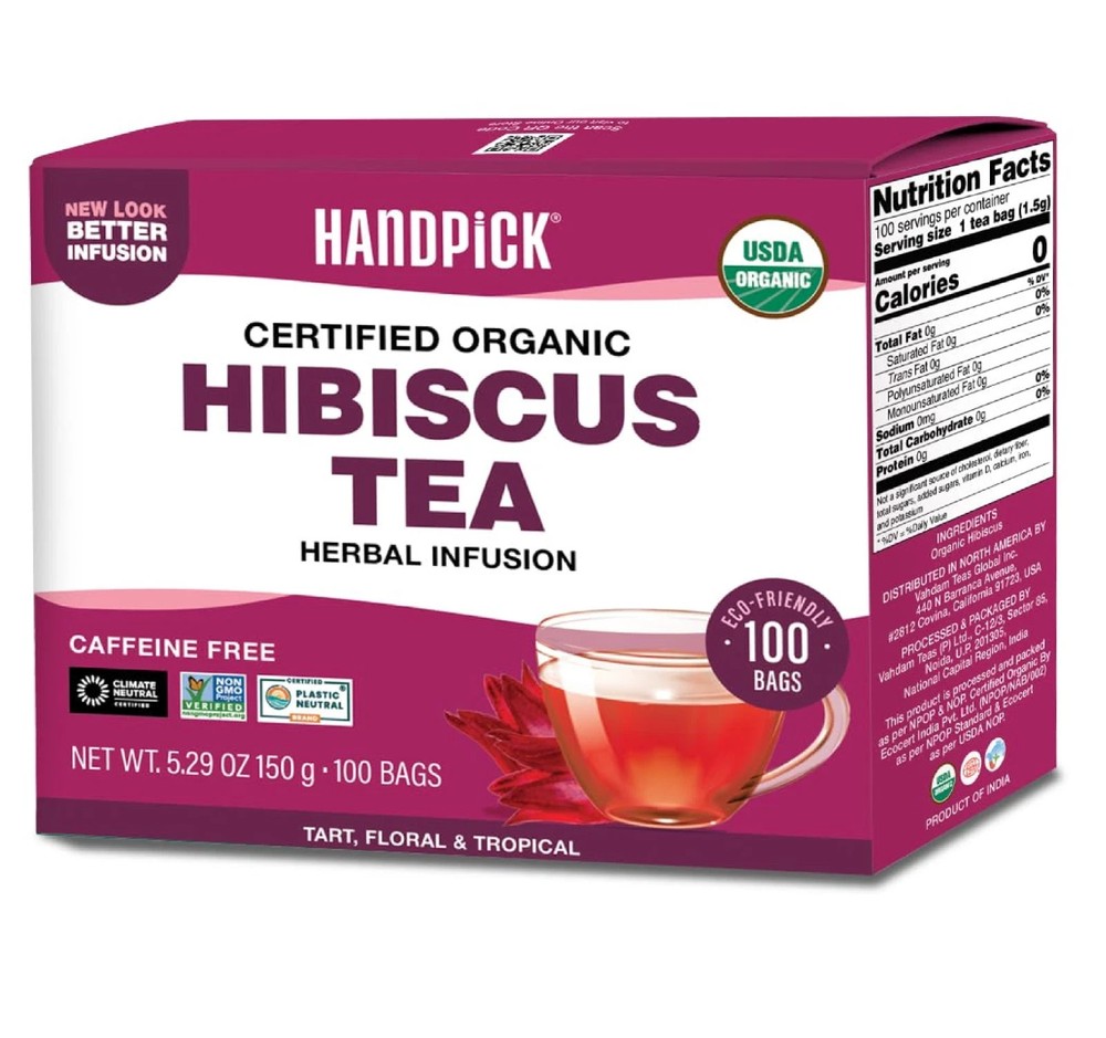 HANDPICK, Organic Hibiscus Tea Bags (100 Tea Bags) | Caffeine-Free, 100% Natural