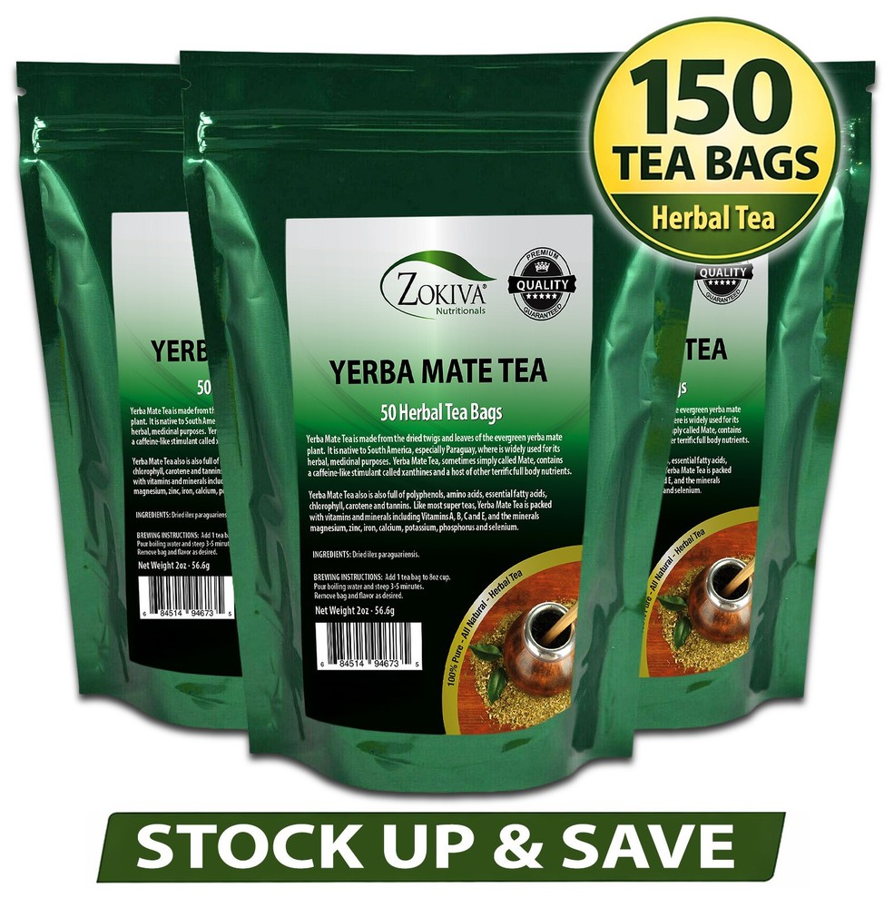 Yerba Mate Tea Bags 150 Count (3-Pack) | Herbal Energy Tea | Bulk Value Zokiva