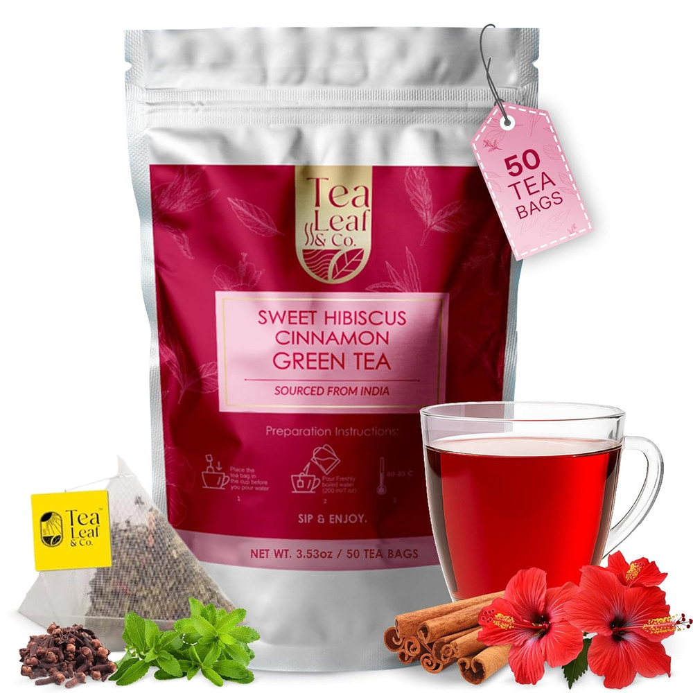Sweet Hibiscus Cinnamon Green Tea Bags (50 Count), Caffeinated, Real and Natural