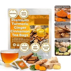 Turmeric, Ginger, Cinnamon Tea Bags, 100% Natural & No Additives & Caffeine Free