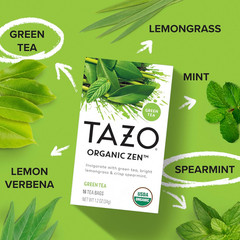 TAZO Organic Zen Green Tea, Caffeinated Tea with Refreshing Lemongrass & Spearmi