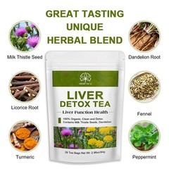 Liver Detox Tea Organic Herbal Blend Milk Thistle, Dandelion Root, Turmeric