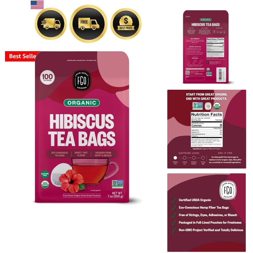 Organic Hibiscus Tea, 100 Count, Eco-Conscious Tea Bags, Caffeine Free, Packa…
