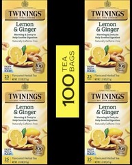 4 Box Twinings Lemon & Ginger Herbal Tea, Caffeine Free 100 Tea Bags 1.32 oz EA