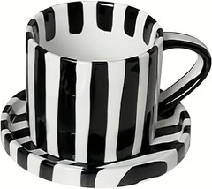 Black and White Striped Tea Cup and Saucer Set of 2, 8 oz Ceramic Coffee Mugs
