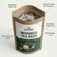 100 Moringa Tea Bags – Pure Moringa Herbal Tea | Caffeine-Free Non-GMO – ZAVBE