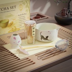 Complete 8-Piece Matcha Set – Japanese Matcha Tea Ceremony Kit with Cat Print…