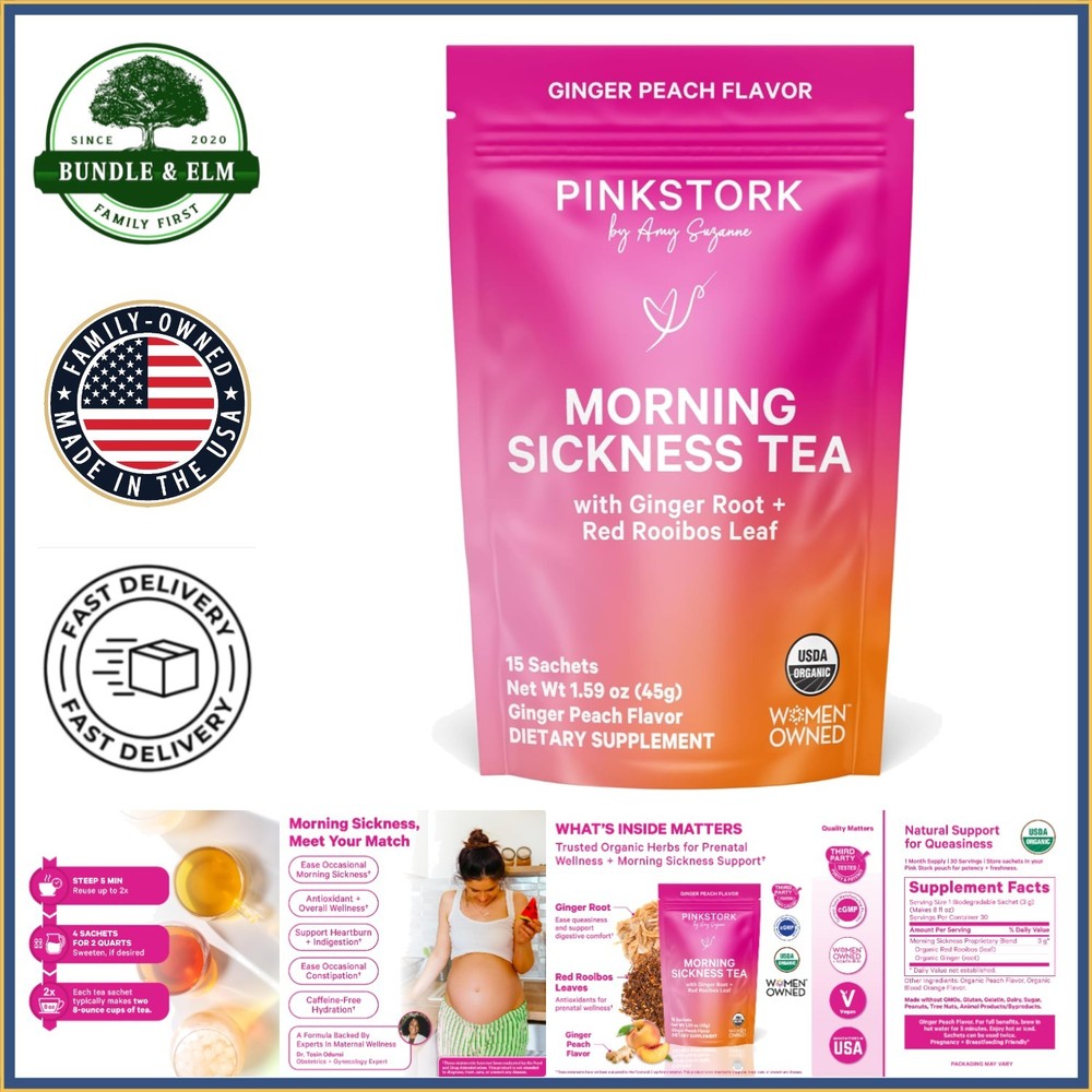 Organic Morning Sickness Tea with Ginger-Peach Flavor – 15 Sachets for Pregnancy