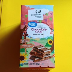 Great Value Chocolate Chai Herbal Tea Bags 20ct 1.55oz Exp 10/29/2027