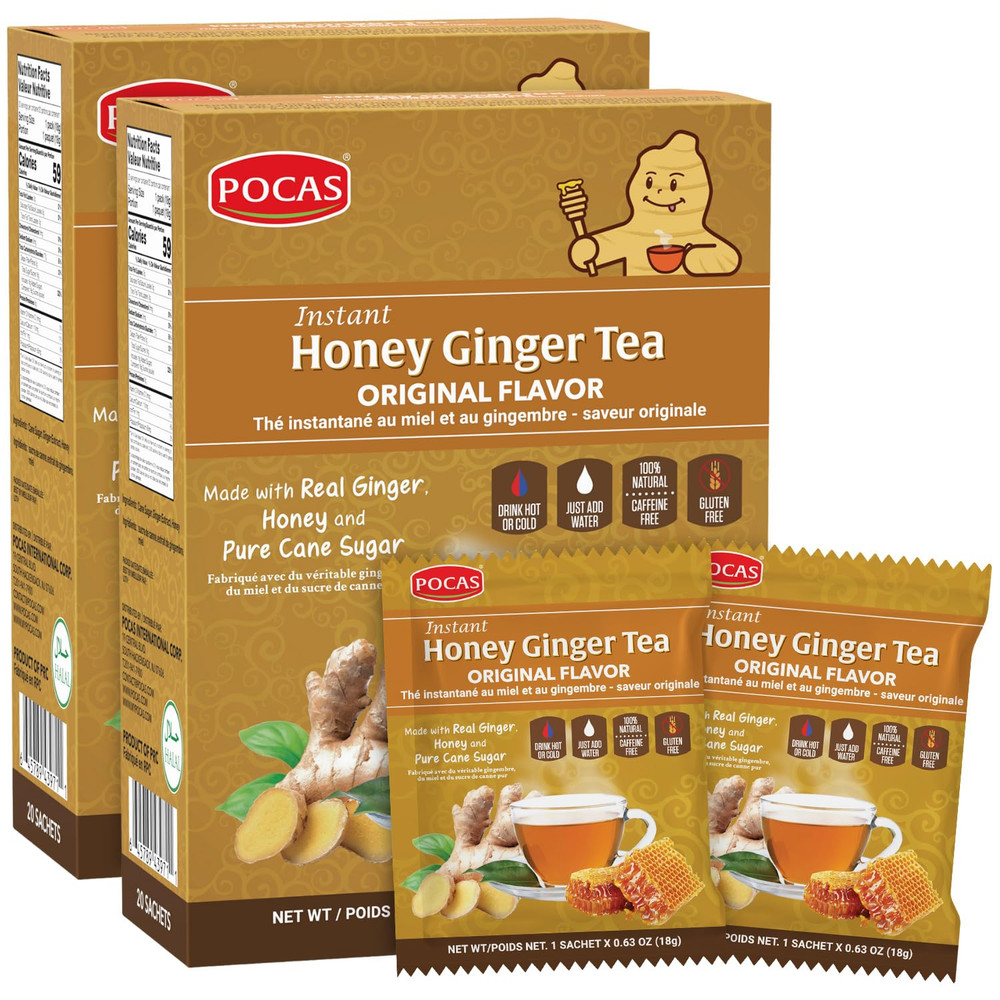 Honey Ginger Instant Tea Powder 2-Pack with Ginger Extract & Real Honey, Caffein